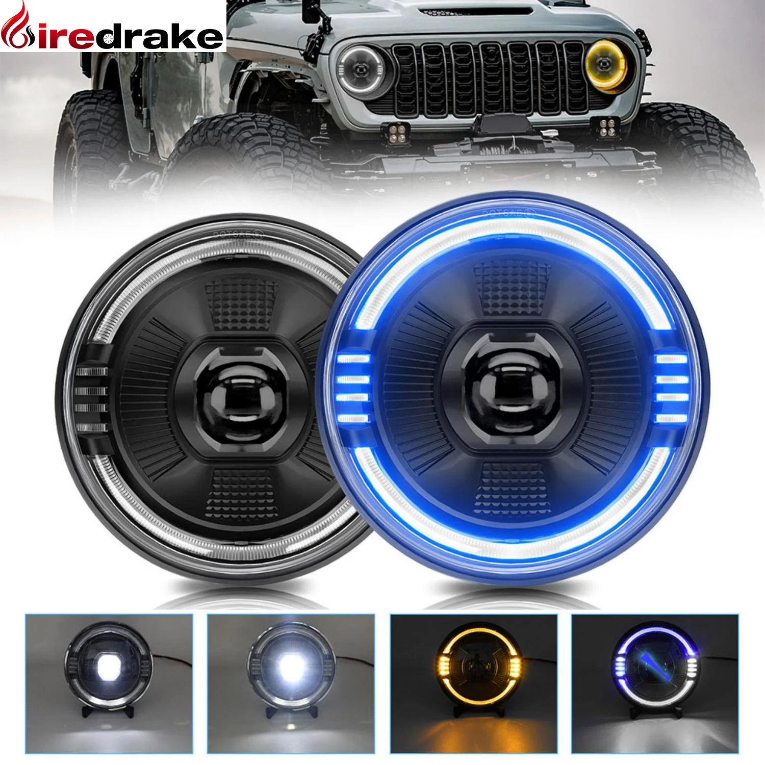 7 Inch High Power Jeep Headlight 250W 30000LM LED Round Headlight Blue DRL for Wrangler Harley Hummer SUV H4 Headlamp 6000K 32V - 34