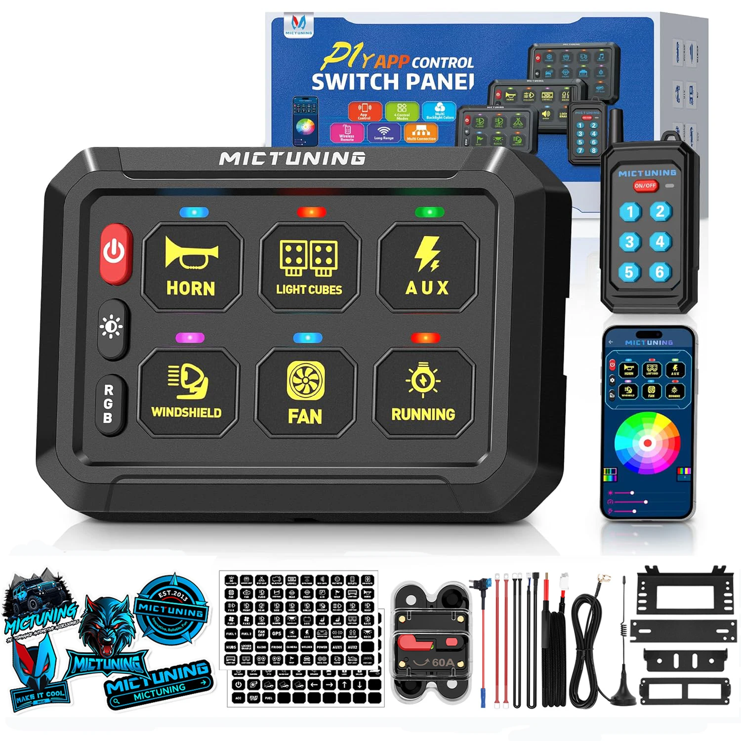 MICTUNING P1Y 6 Gang Switch Panel With Wireless Remote App Control,Wirelessly Up To 230FT,Supports Multi-Connections For Car UTV - 34